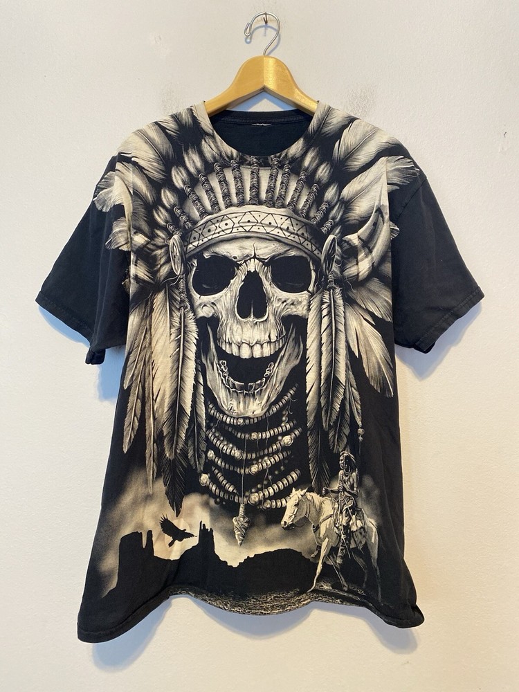 Y2k 90s Native American Skull Skeleton Spirit Warrior Horseback Tee Men’s Large