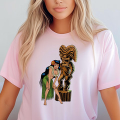 Hula Girl with Tiki Statue T-Shirt | Retro Hawaiian Pinup Tee, Tropical Shirt