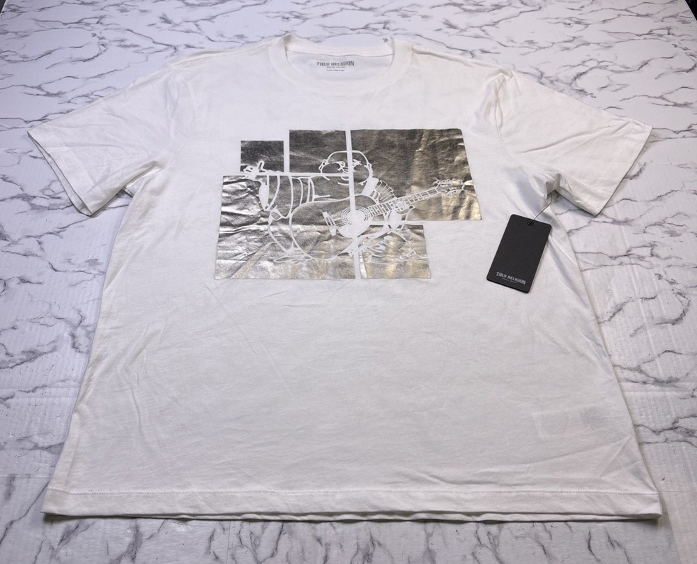 NEW True Religion Buddha Graphic White T Shirt Men XL Silver Metallic Logo