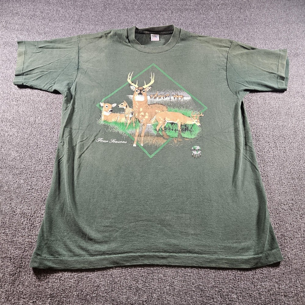 Vintage Fruit Of The Loom Four Seasons Deer Graphic T-Shirt Green Size L 90s USA
