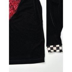 Mens Black Velvet Long Sleeve V Neck Shirt Red Sequin Heart Checkerboard Trim M
