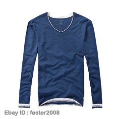 Hot Mens Long-Sleeved T-Shirts New Cotton V-Neck Solid Color Casual Slim Tops