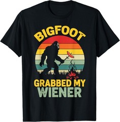 Funny Retro Bigfoot Grabbed My Wiener Graphic Tee Mens Cotton