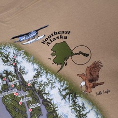 Southeast Alaska Shirt Mens XL Tan Graphic Map Fish Cities Bald Eagle Tee Cotton
