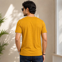 Mustard Yellow V-Neck T-Shirt Graphic Print Modern Everyday Wear- Size- L