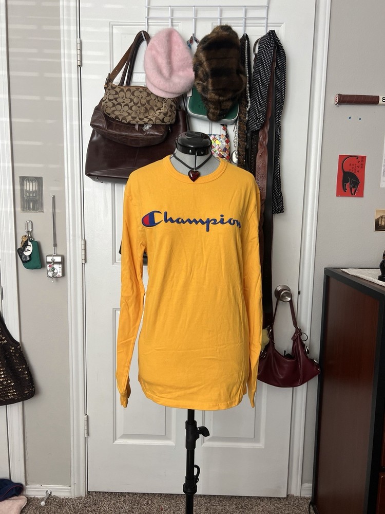 Champion Mens Long Sleeve T-Shirt Mustard Yellow Embroidered Script Logo Large