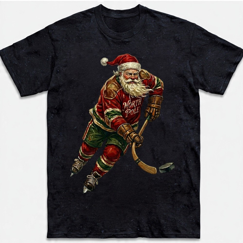 Vintage Santa Hockey T-Shirt North Pole Jersey Christmas Holiday Sports Sweater