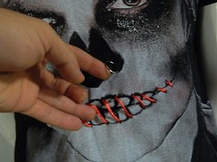 Zombie Goth Skull face Graphic T shirt with Lace up Lips and Real Nose Ring M