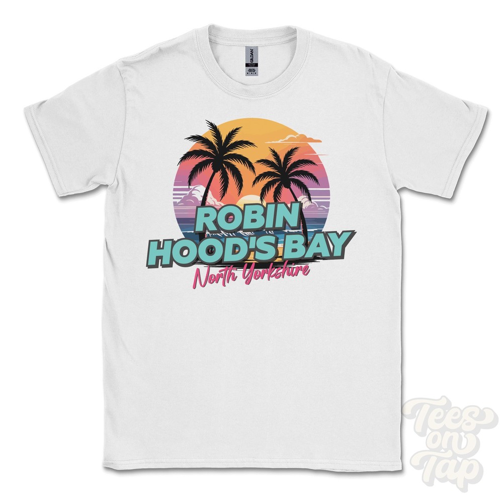 ROBIN HOOD’S BAY NORTH YORKSHIRE T-SHIRT – Retro Miami Style Funny UK Summer
