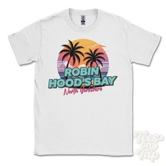 ROBIN HOOD’S BAY NORTH YORKSHIRE T-SHIRT – Retro Miami Style Funny UK Summer