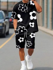 Fashion Men’s Black and White Flower Graphic Print T-shirt Shorts 2-piece Set