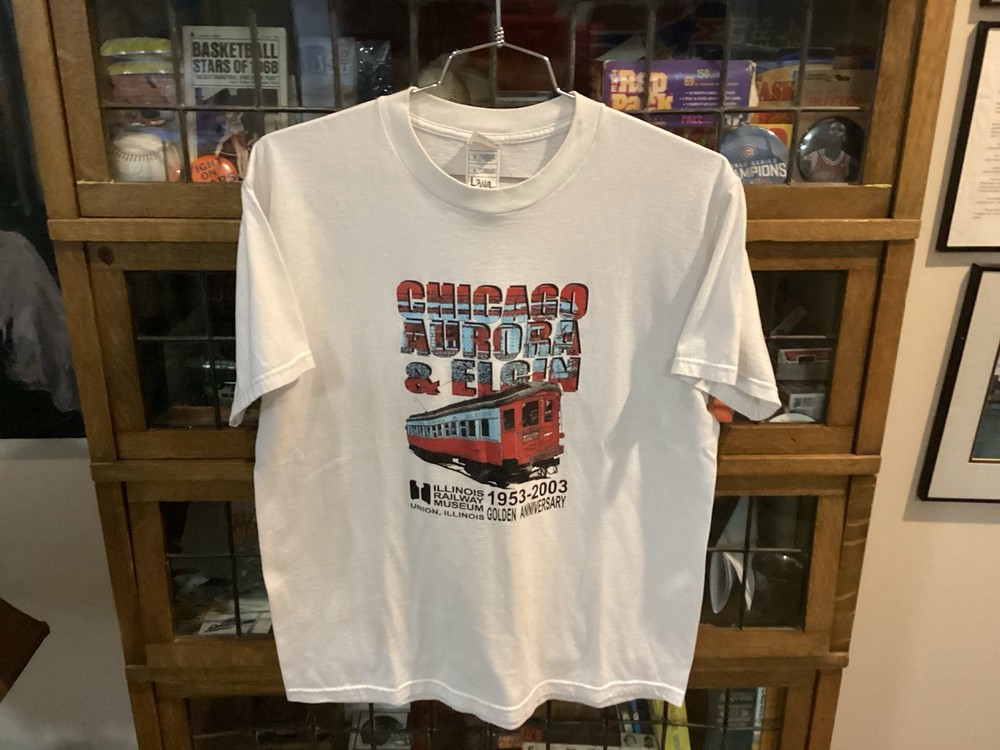 VTG Illinois Railroad Museum Chicago Aurora & Elgin 1953-2003 White T-shirt SZ L