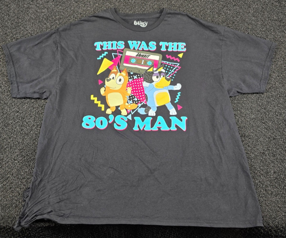 Bluey This was the 80s Man T-Shirt 2XL Black Bandit Chili Bingo Cartoon TV Show