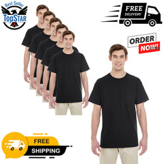 6- Pack Black Gildan Unisex Heavy Cotton Pocket Stylish Plain T-Shirt – G530
