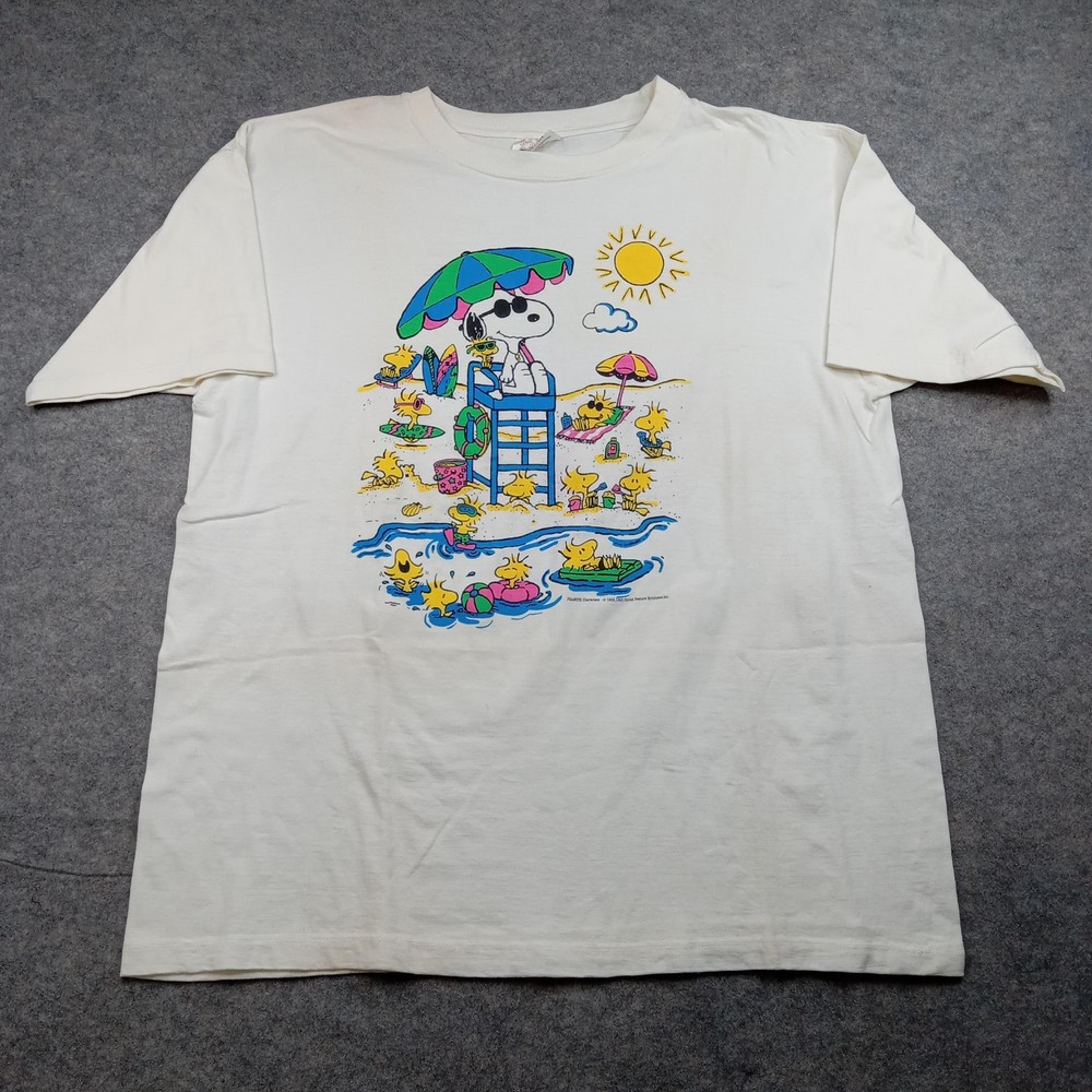 Peanuts Snoopy Shirt Mens 3XL White Graphic Tee Cartoon Lifeguard Beach