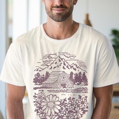 Rustic Barn Mountain Landscape Graphic Tee Woodcut Style Nature Art