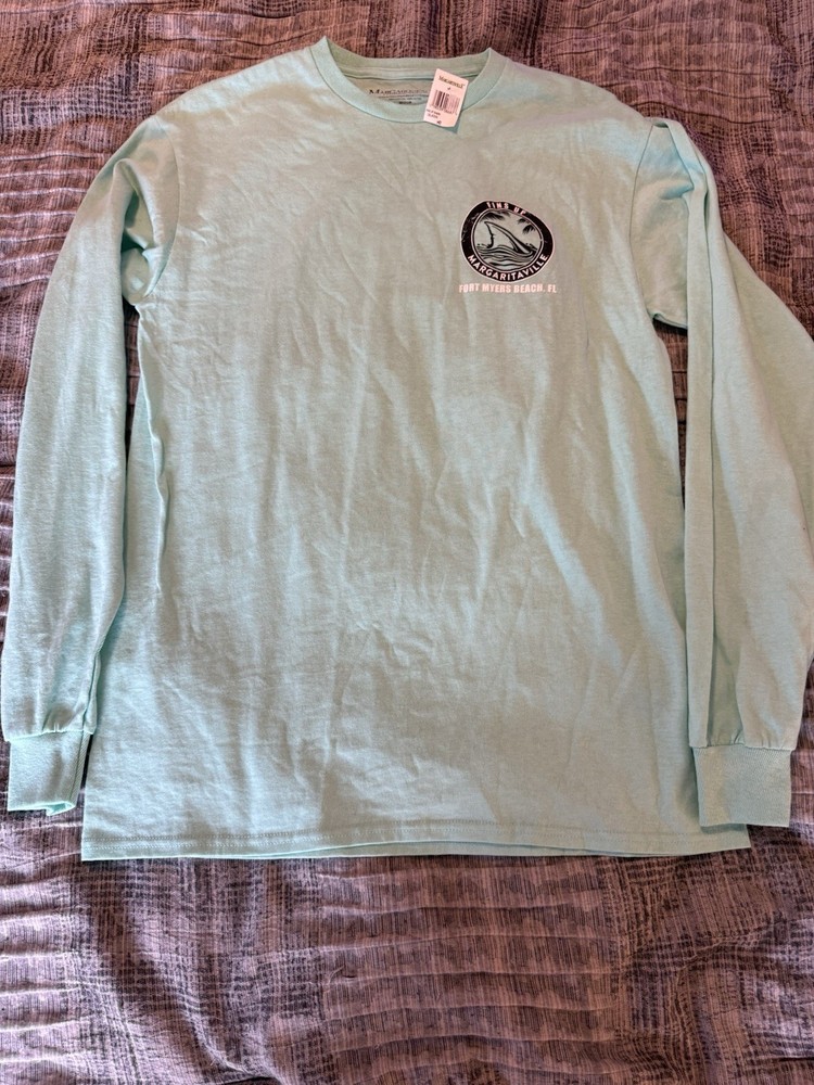 Margaritaville Fins Up Shark Celadon Long Sleeve Men’s T-Shirt Cotton Size M