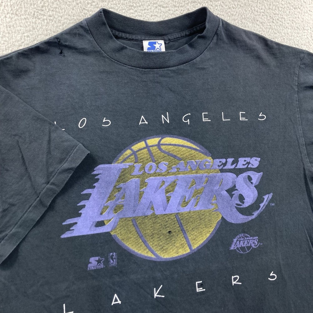 Vintage Starter Los Angeles Lakers T Shirt Men Large Black Faded Distressed NBA