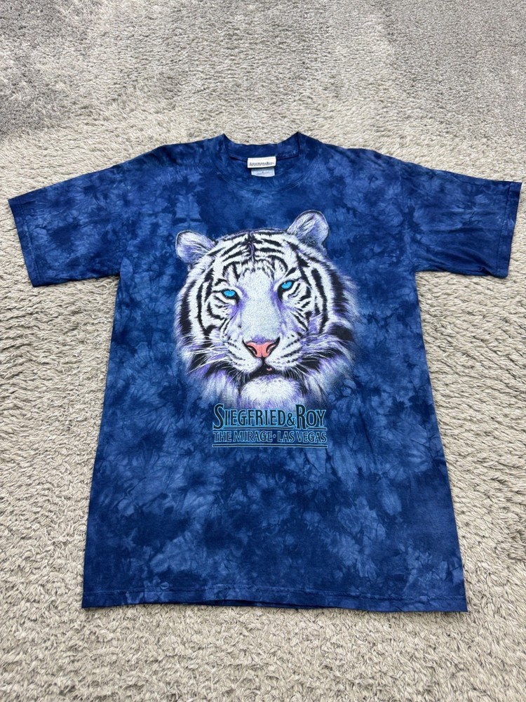 Siegfried & Roy Shirt Adult Medium Blue Tie Dye Graphic White Tiger Crewneck Vtg
