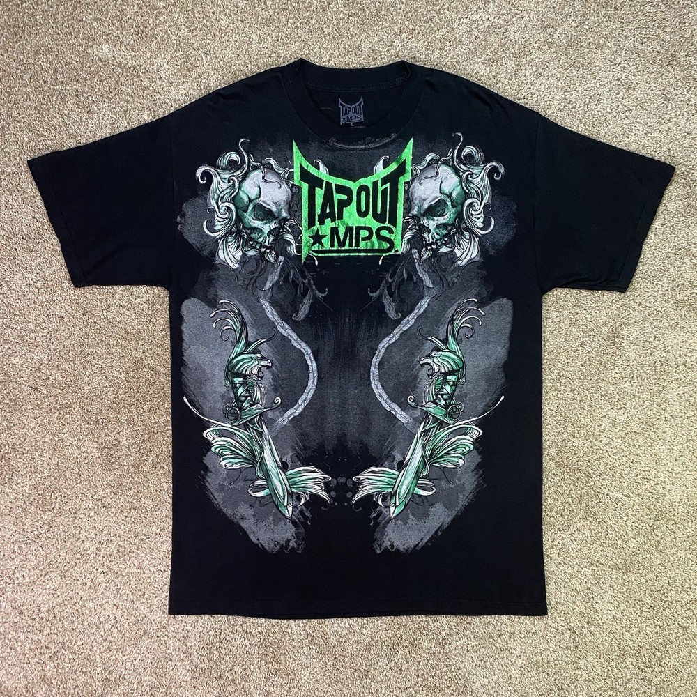 Vintage Tapout MPS Shirt Mens L Black Green Foil Skull Snake MMA UFC Fight Y2K