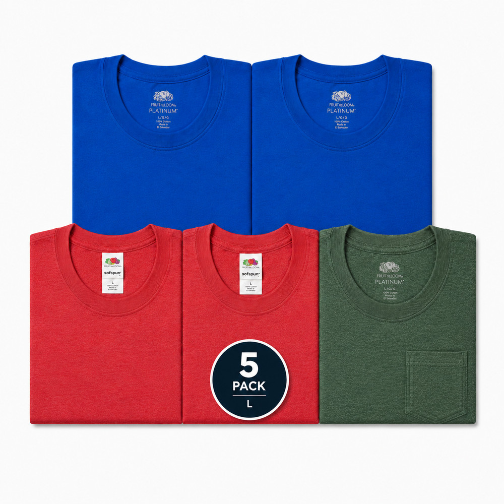 5-Pack T-Shirts Size L – 2 Ocean Blue, 2 Coral, 1 Heather Green with Pocket
