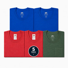 5-Pack T-Shirts Size L – 2 Ocean Blue, 2 Coral, 1 Heather Green with Pocket