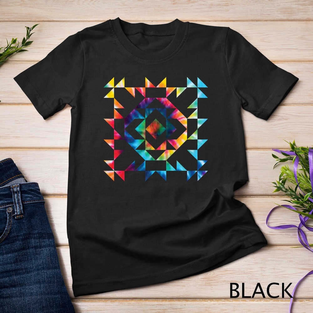 Tie Dye Geometric Shapes Pattern Quilt Block Art – Scandi Folk Unisex T-shirt