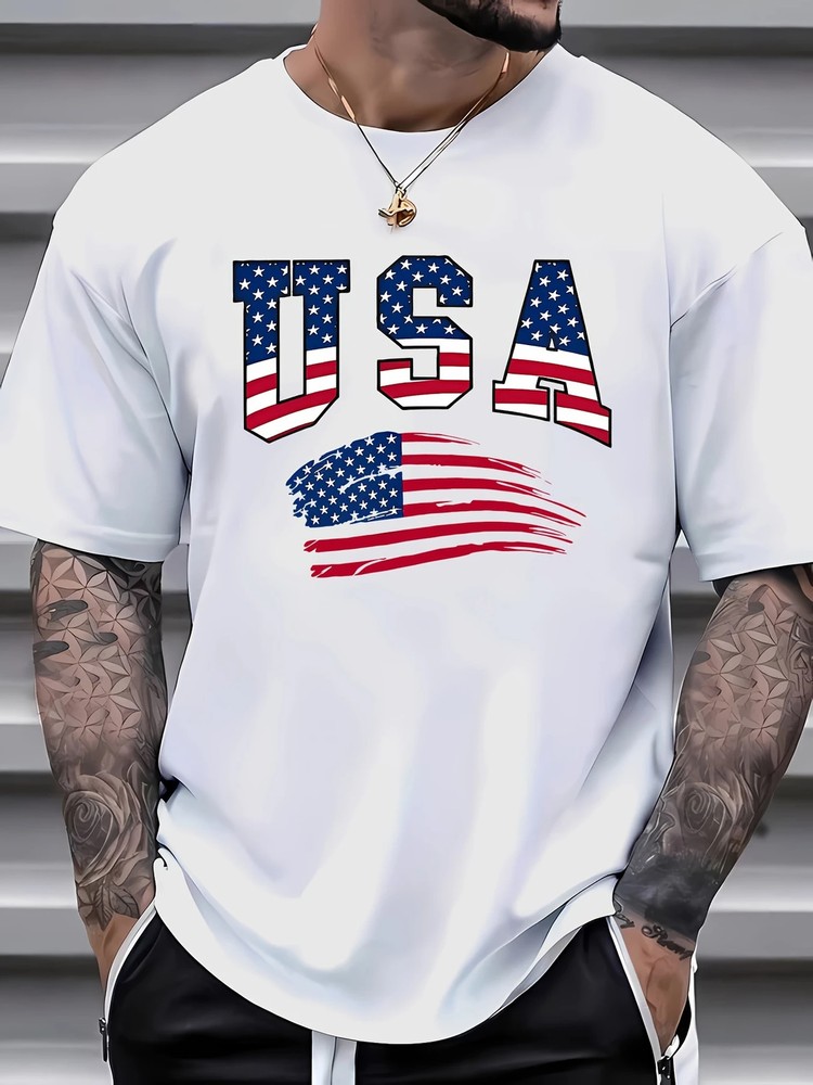 1 pc, 100% cotton T-shirt, American Letter American Flag Print T-shirt