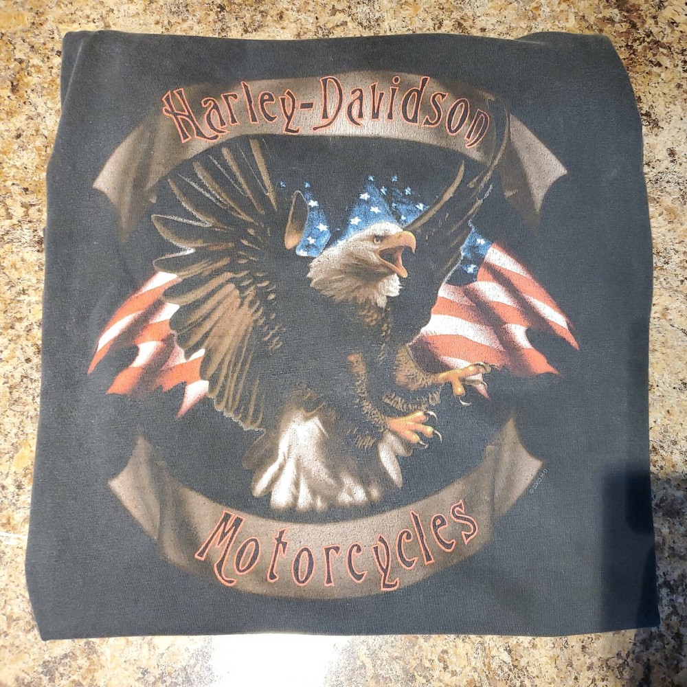 VTG Harley Davidson Motorcycle Sz XL Black Eagle USA Flag Pacific Hawaii