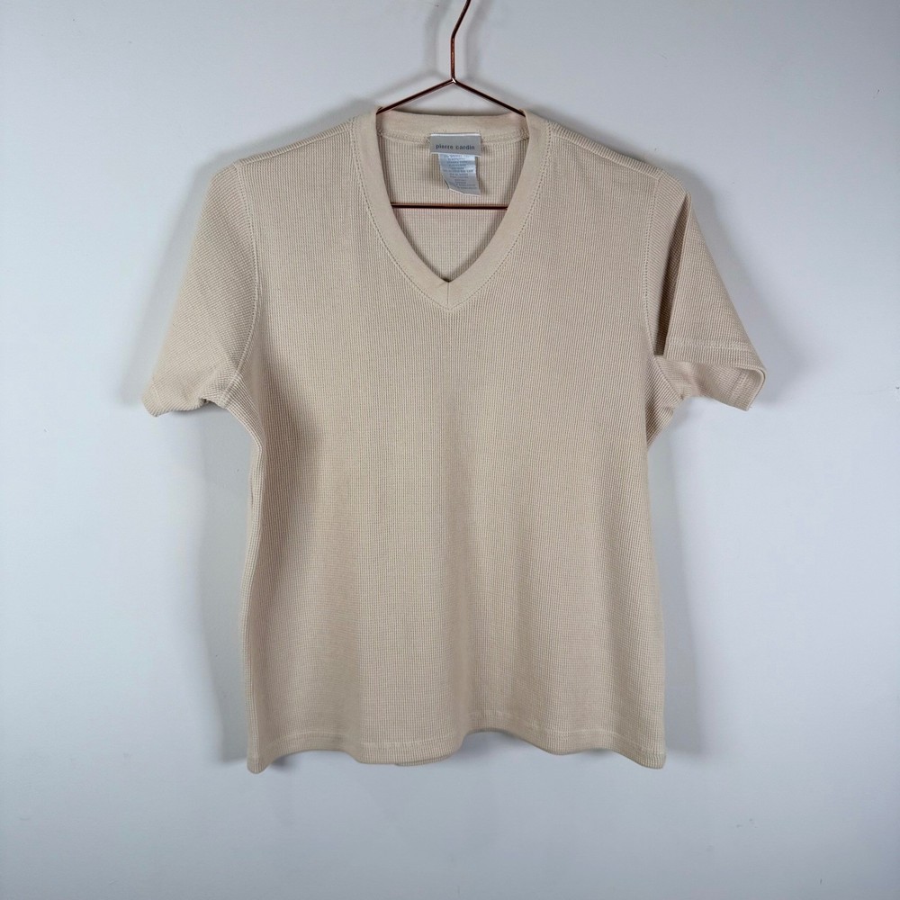 Pierre Cardin Medium Beige V-Neck Waffle Knit Short Sleeve T-Shirt Vtg Unisex