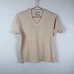 Pierre Cardin Medium Beige V-Neck Waffle Knit Short Sleeve T-Shirt Vtg Unisex
