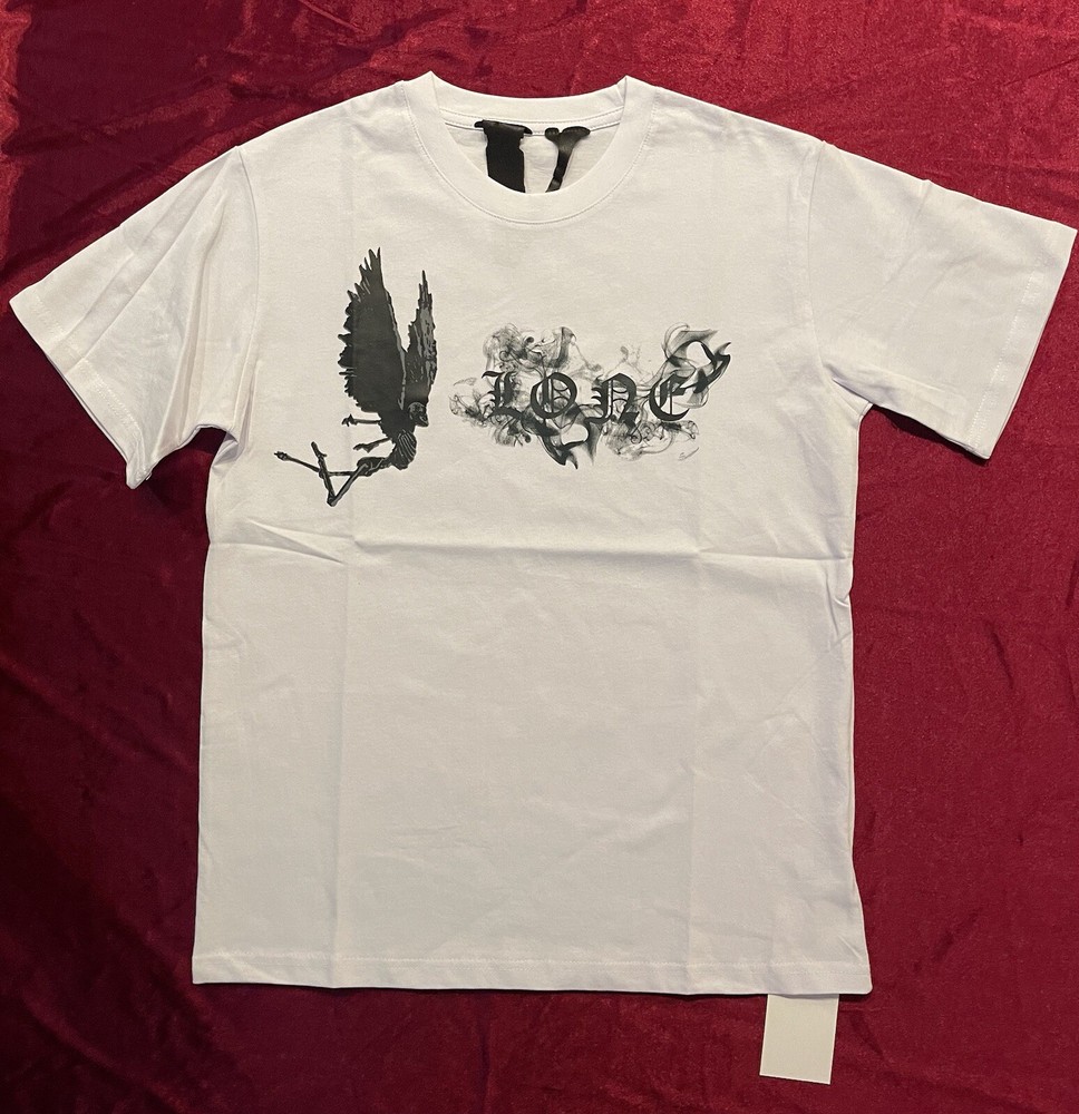 Size Medium White Round Neck V Lone T Shirt Angel Smoke Black Print 100% Cotton