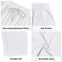Men’s Casual Linen Cargo Pants Pockets Lightweight Elastic Waist Drawstring