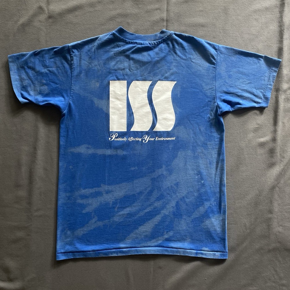 Vtg 1980s Integrated Service Solutions T Shirt Mens L Blue Bleach Dye Hanes 80s