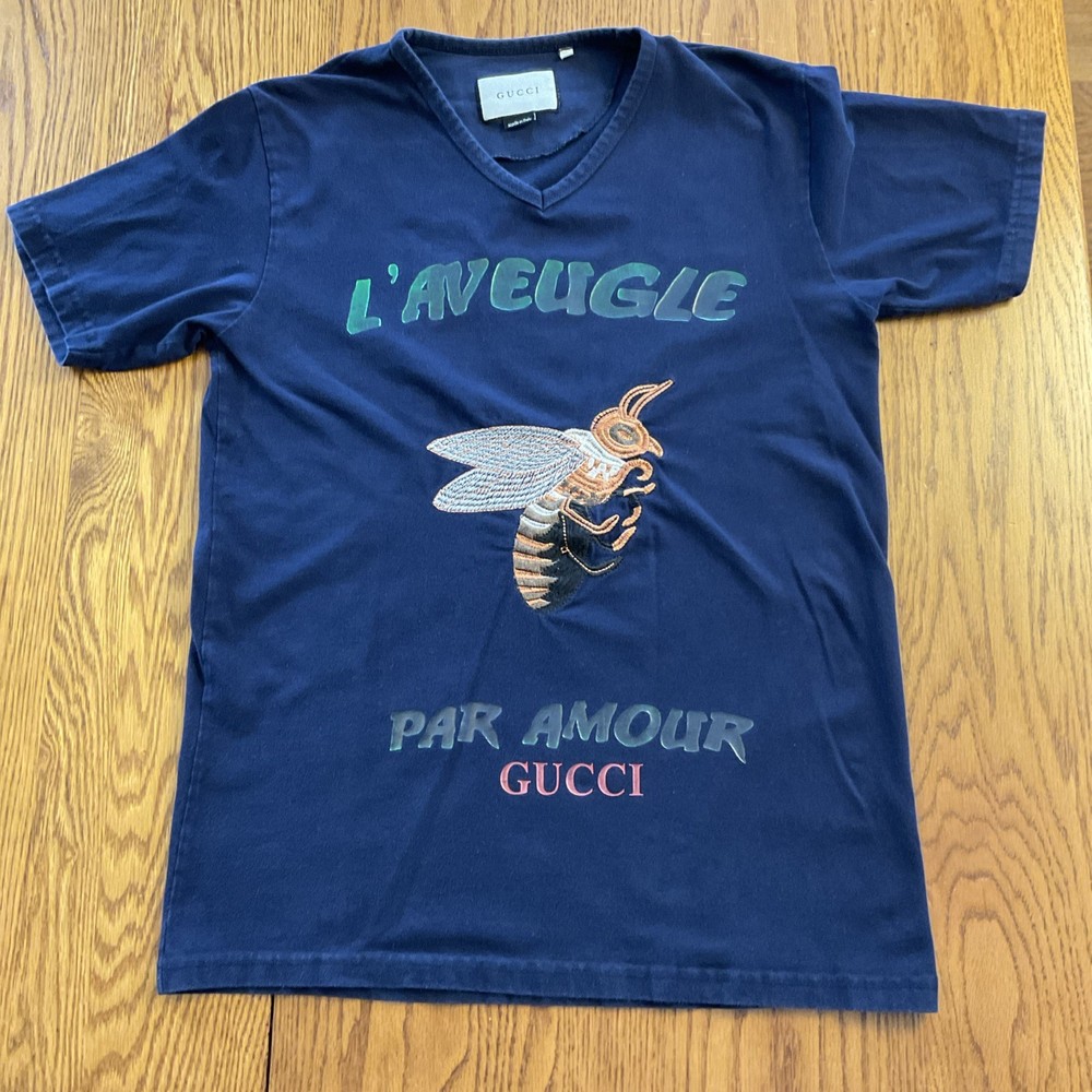 GUCCI Navy Blue L’aveugle Bee Patch Cotton Jersey T-Shirt Women’s Size Large