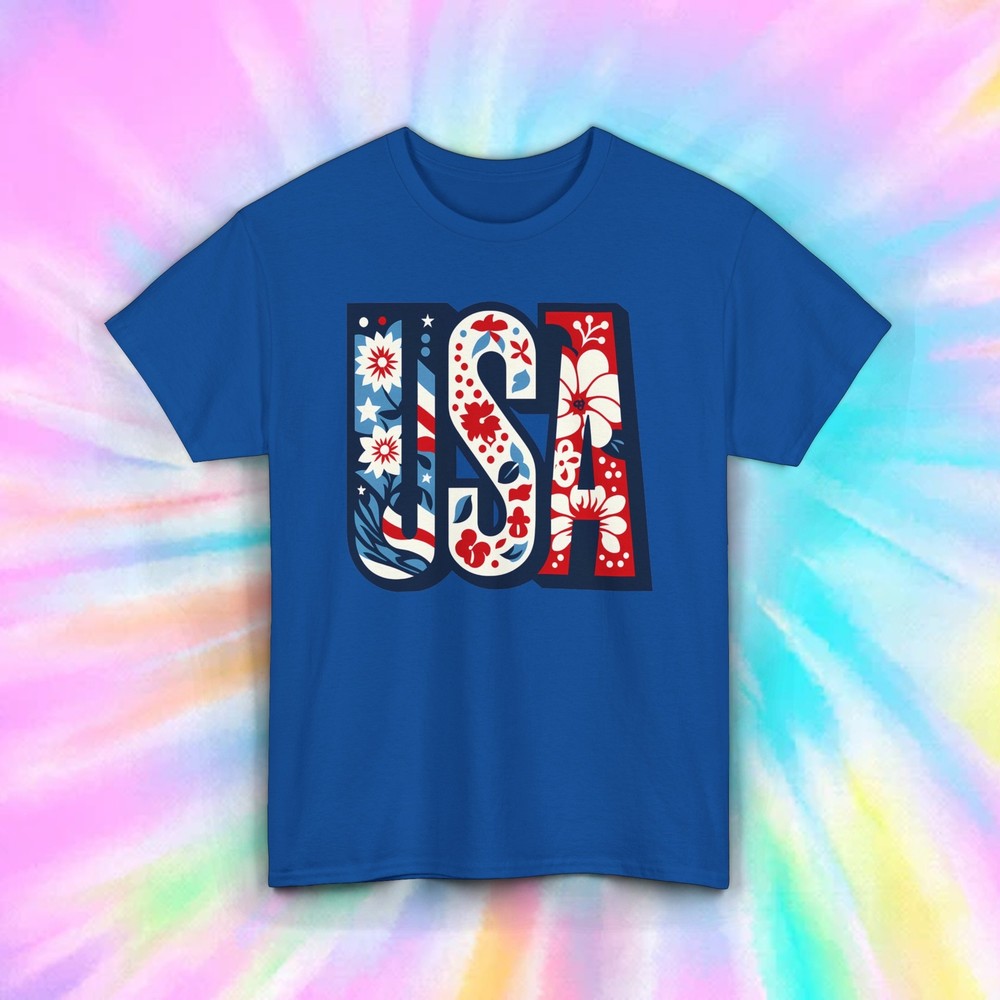 USA Floral Design T-Shirt | Patriotic Red White and Blue Tee | American Pride