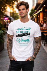 Men’s White Mercedes Racing Car Graphic T-Shirt Vintage Motorsport Tee