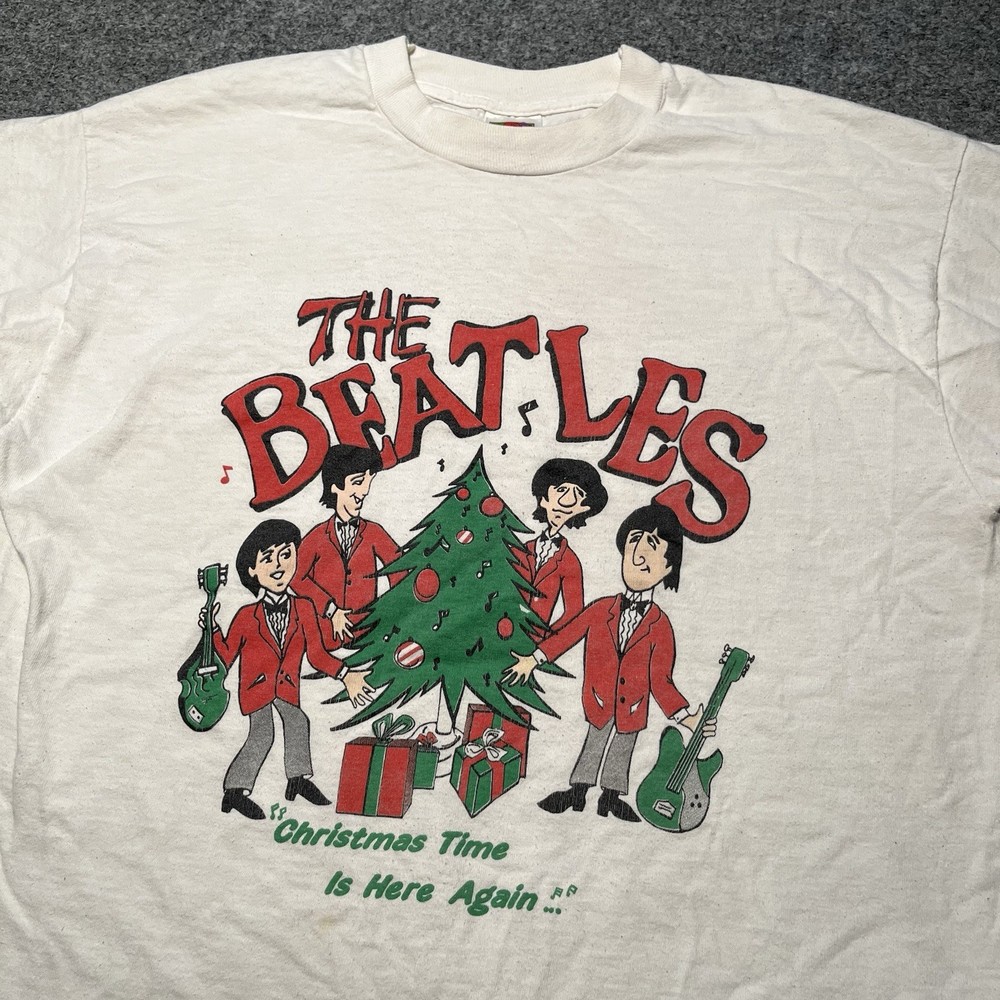 Vintage The Beatles T Shirt Adult Large White Cartoon Christmas Promo USA 90s