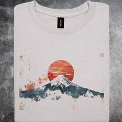 Sun Mountain Shirt Japanese Landscape Watercolor Art Tshirt Gray