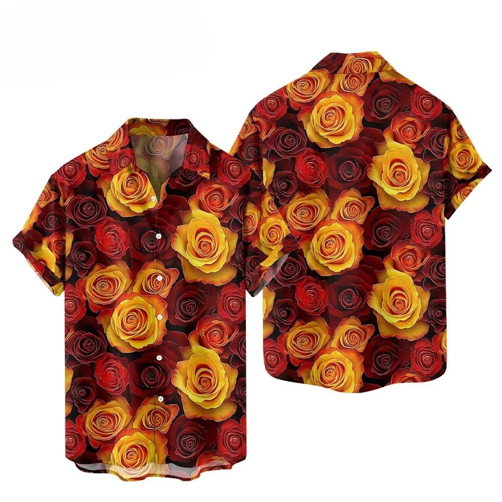 Mens Button Down Black Red Rose Floral Print Hawaiian Top Novelty Summer Shirt