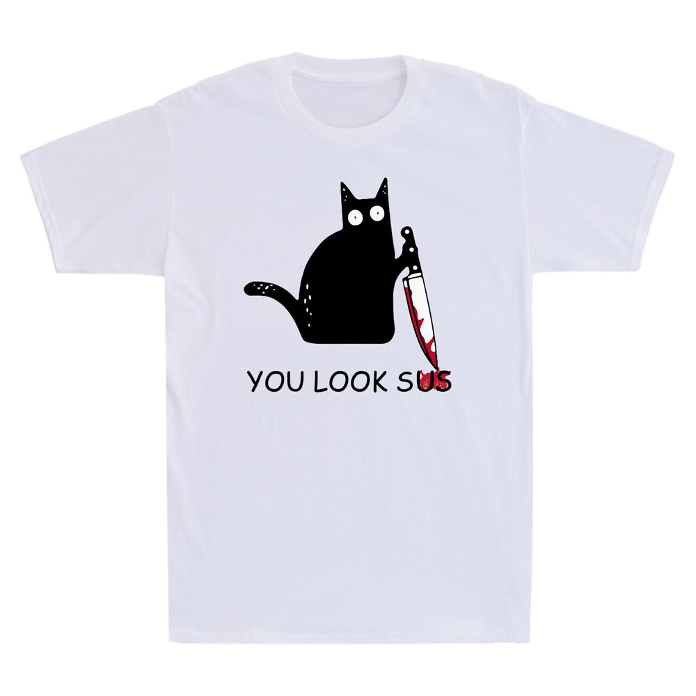 Cat You Look Sus Funny Black Cat Shirt, Murderous Cat with Knife Men’s T-Shirt