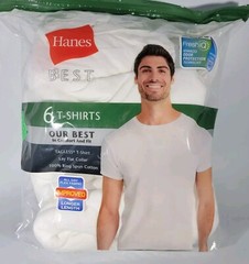 Hanes Best Tagless T-Shirt Lay-Flat Collar Tagless Cotton White 6 Count Size XL