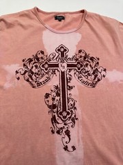 UNIFIED Pink Floral Cross Graphic Motif T Shirt Mens Sz XL Designer Hand Crafted