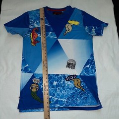 Ron Bass T- Shirt Mens Medium Blue Aquatic Print Mermaid Seahorse Woman Ocean