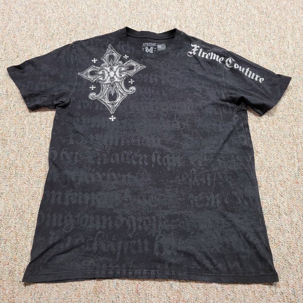 Xtreme Couture Shirt Mens 2XL Black All Over Print Cross Wings Tribal Grunge