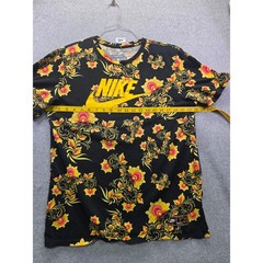Nike Floral Print T-Shirt Mens Large Black Yellow Athletic Cut Futura Logo Tee