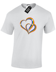 2 PRIDE HEARTS MENS T SHIRT GAY PRIDE LGBTQ COMMUNITY LESBIAN RAINBOW FLAG TOP