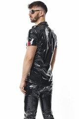 Men’s Black Shiny PVC Shirt Slim Fit Snap Button Stand Collar Top