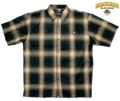 Brown Veterano Short Sleeve Men’s Plaid Flannel Shirt Lowrider Cholo Chicano Rap