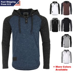 ZIMEGO Men’s Long Sleeve Raglan Henley Hoodie Round Bottom Semi Longline T-Shirt